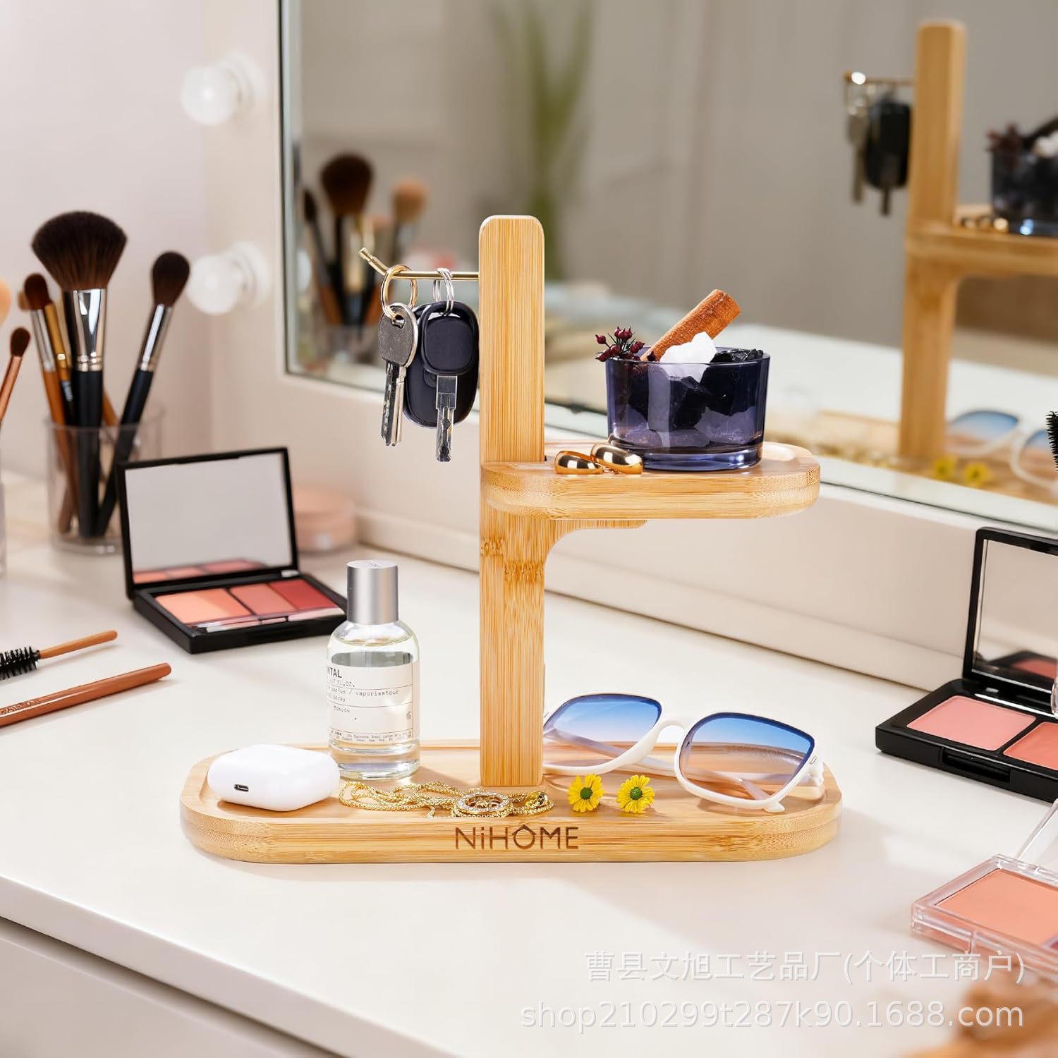 轻奢竹制玄关钥匙扣收纳架创意饰品首饰架收纳杯子架置物架多用途