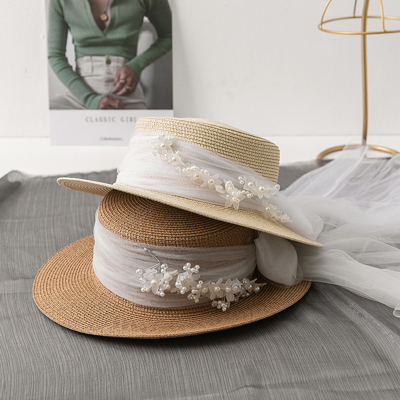韩版仙女帽网纱珍珠蝴蝶结平顶夏季女士草帽写真帽子礼帽潮帽厂家