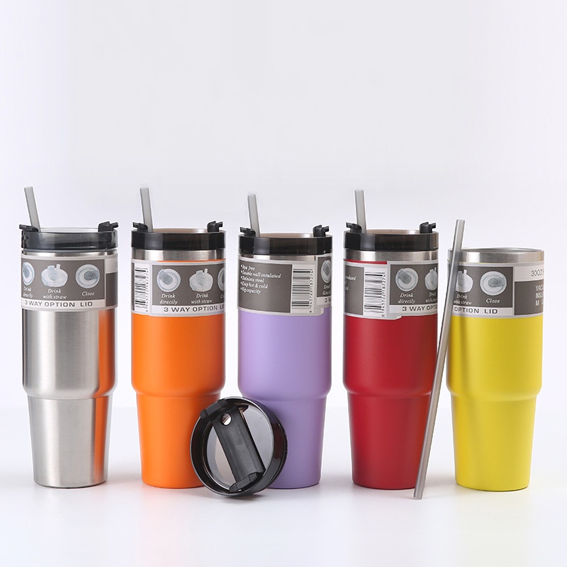 30Oz Stainless Steel Vacuum Cup Double Layer Vacuum Car Cup Large Capacity Cold Insulation Large Ice Cup Car Cup with Straw