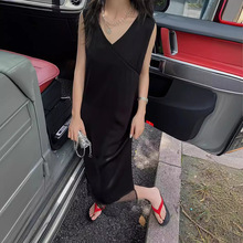 黎诺V领无袖背心连衣裙女2024夏季新款高级感显瘦蕾丝拼接裙子