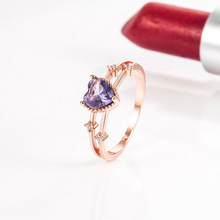 亚马逊心形紫水晶锆石戒指女欧美跨境爆款爱心紫钻玫瑰金戒指首饰