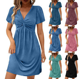 欧美跨境女装连衣裙亚马逊时尚外贸V领短袖扭结纯色连衣裙