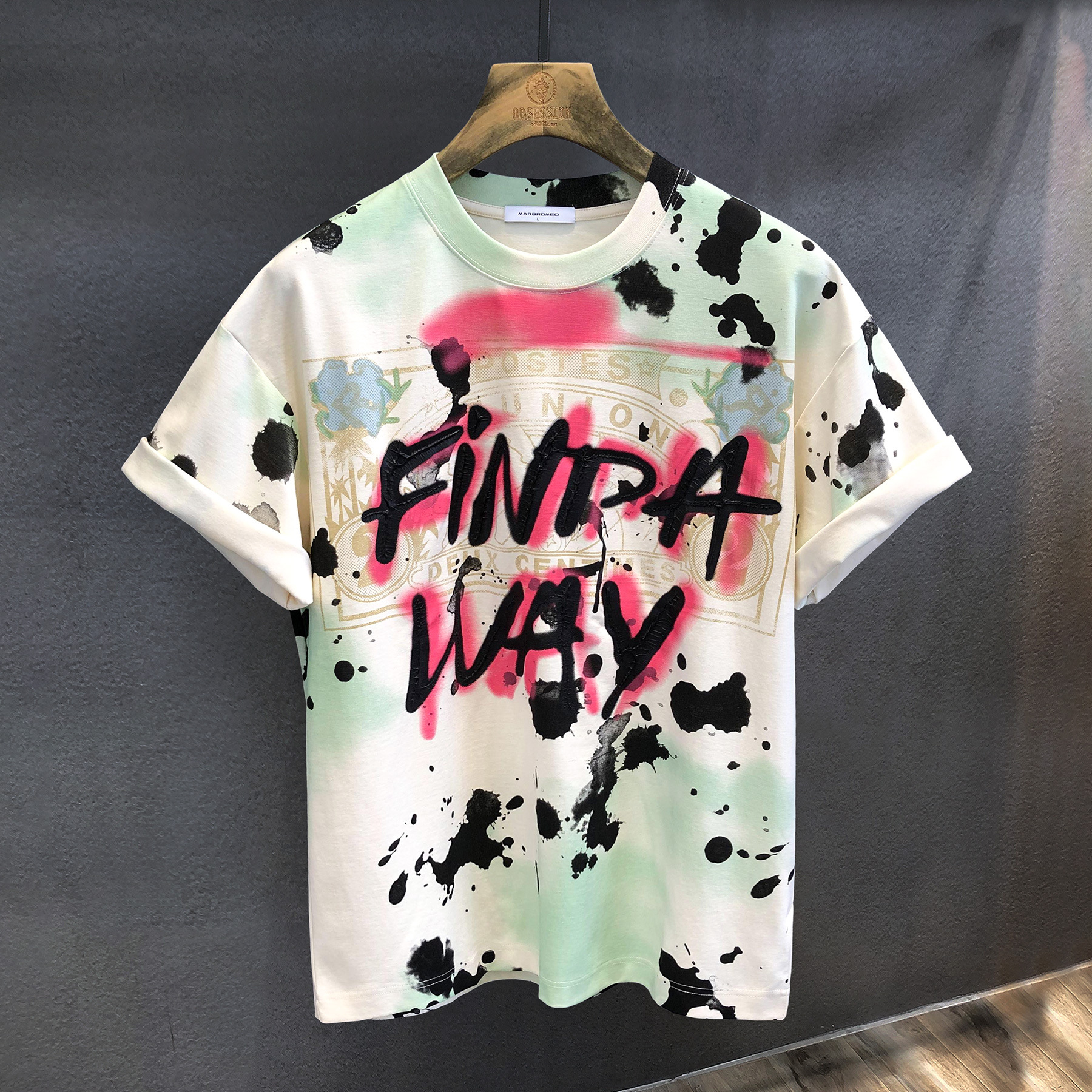 东山口高街重磅泼墨水洗潮牌短袖t恤男士衣服美式宽松半袖体恤男