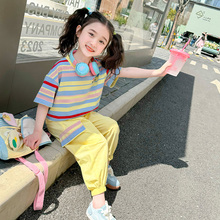 女童短袖运动套装夏季2024新款儿童时髦洋气衣服条纹纯棉宝宝夏装