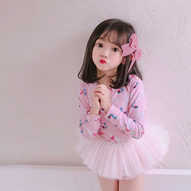 儿童连体泳衣女童粉色独角兽游泳衣长袖防晒女宝可爱纱裙卡通泳装