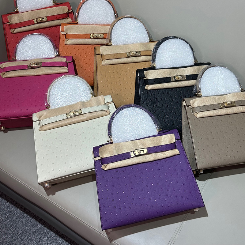 2024新款高定款h家鸵鸟纹二代凯莉包女头层牛皮手提斜挎小包mini