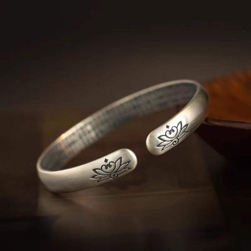 莲花心经开口银手镯白铜镀银民族古风母亲节生日礼物送妈妈送婆婆