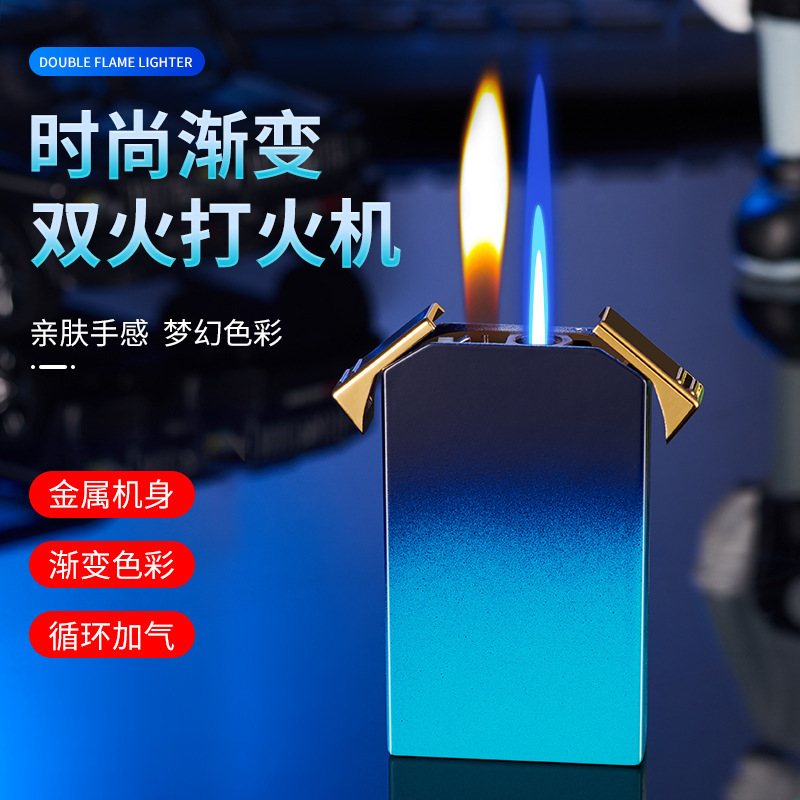 2023 New Gradient Color Direct Flush Open Fire Gas Lighters Creative Double Fire Gift Lighter Factory Wholesale