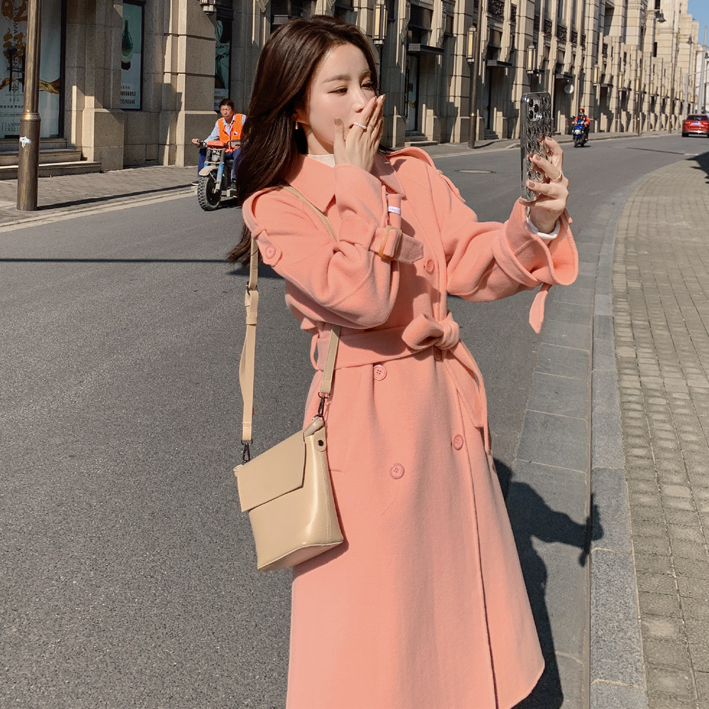 橘粉色毛呢外套女2021年新款韩版宽松秋冬中长款搭配气质呢子大衣