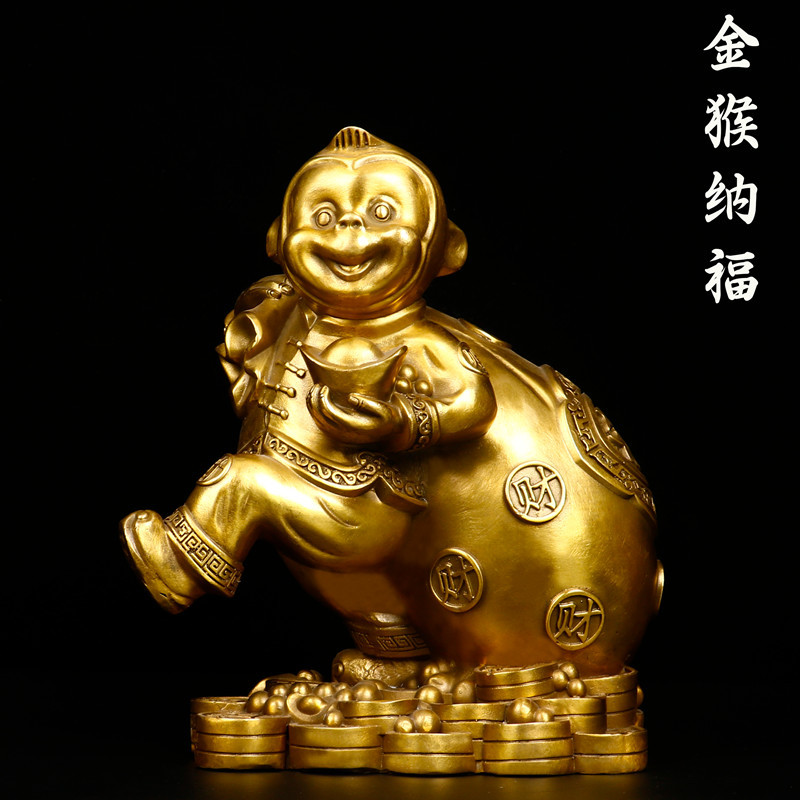 全铜铜金猴纳福猴子拉福袋装饰品摆件风水生肖创意工艺吉祥物桌面
