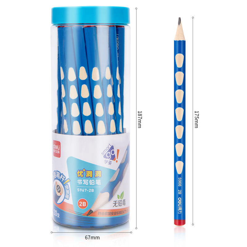 Deli S967-HB/2b_30 PCs Pet Barrel Extra Thick Groove Pencil (Mixed)(30 PCs/Barrel) Writing Smoothly