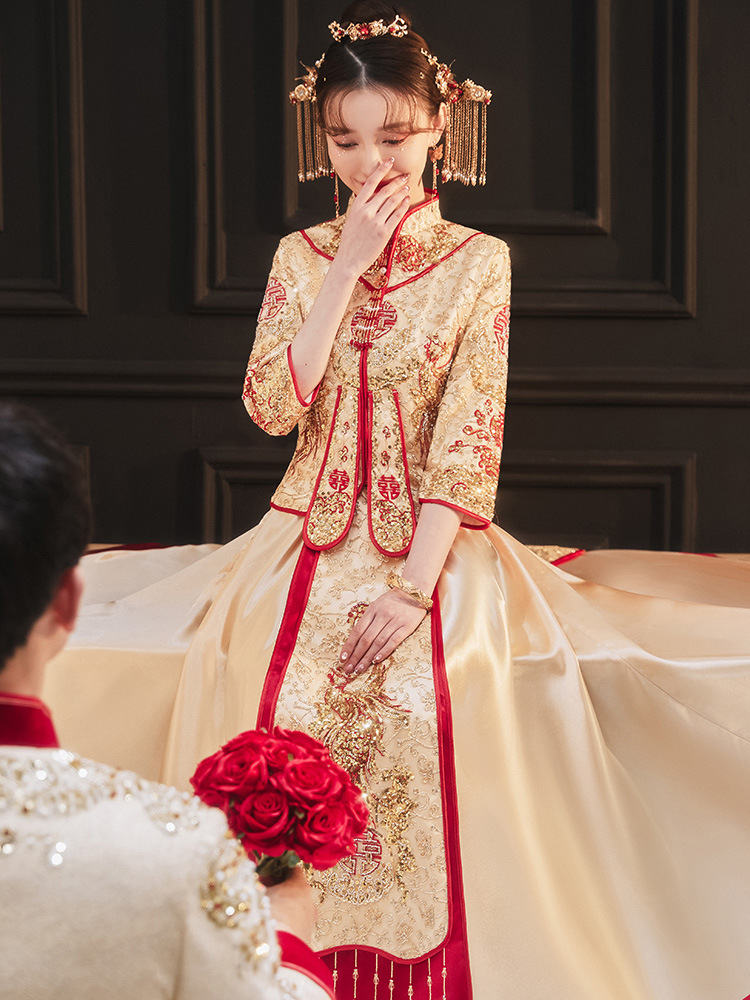 香槟色秀禾服2022年新款新娘结婚龙凤褂中式婚服缎面秀禾夏季薄款