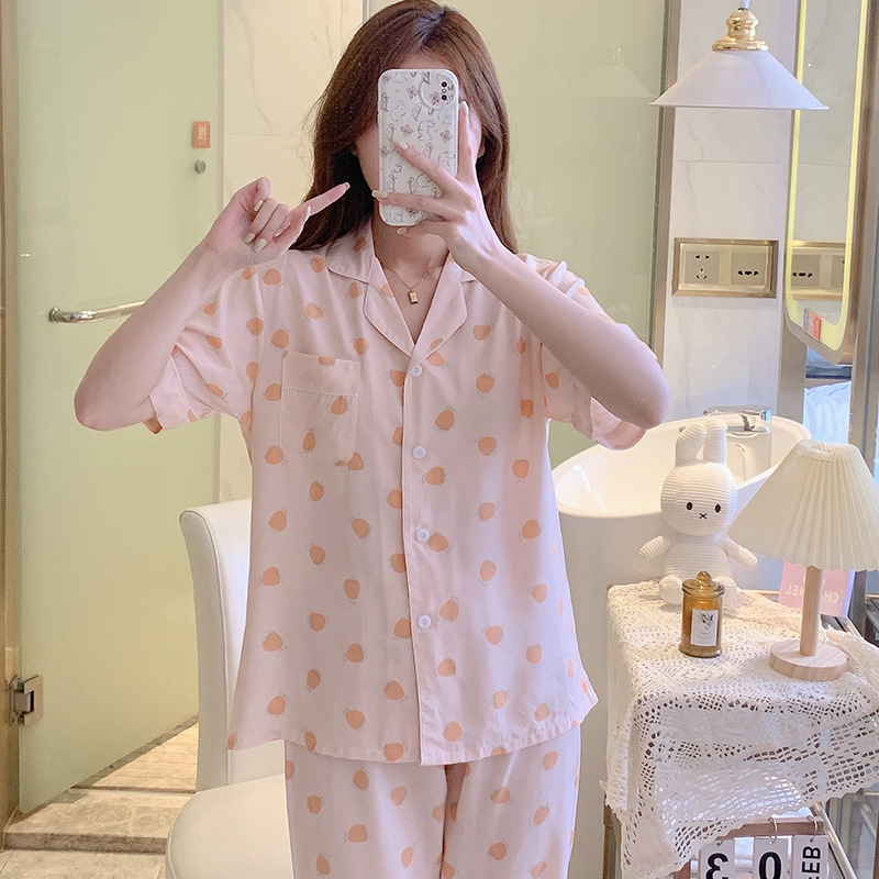 棉绸睡衣女夏季新款短袖长裤卡通印花套装少女可爱学生夏天家居服