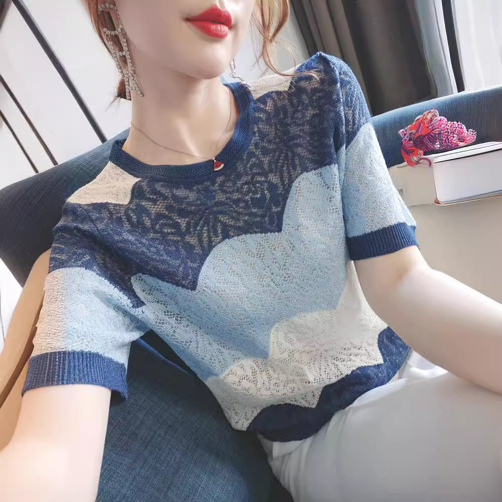 女装定染松雾蓝,洋气又显白2024夏装新款短袖镂空针织t恤女上衣