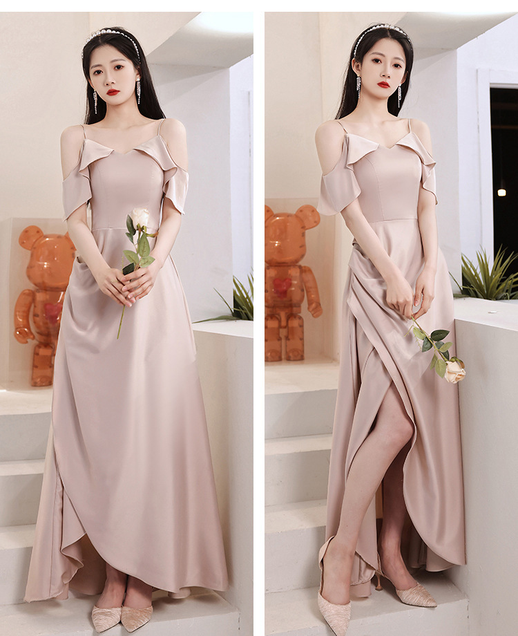 粉色缎面伴娘服2022新款姐妹团春季吊带小个子宴会晚礼服平时可穿