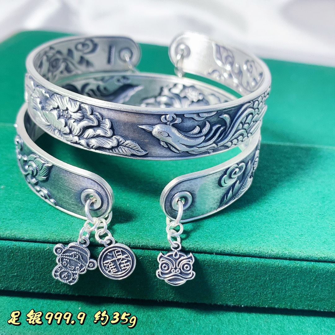纯银手镯足银9999凤凰牡丹花浮雕开口银镯子送长辈银饰银手镯女