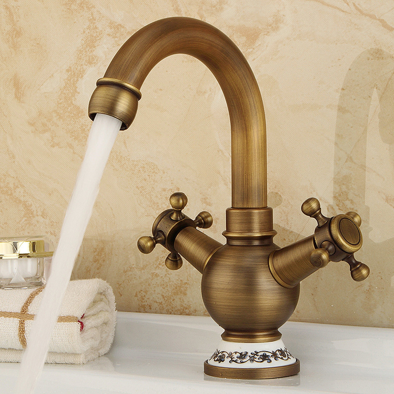 公寓双手轮面盆龙头黄铜复古冷热水龙头创意青花瓷洗漱台龙头工程