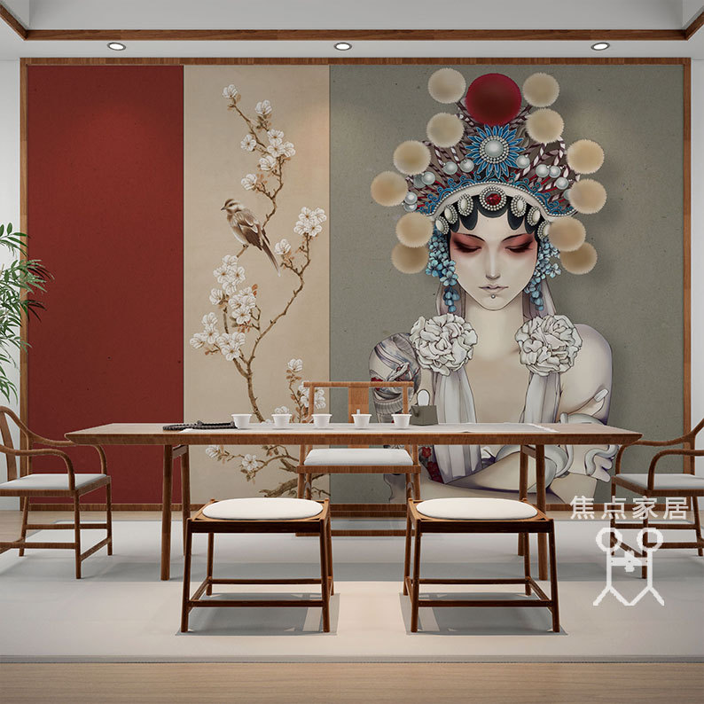 网红中国古风京剧脸谱花旦壁画中式餐厅火锅饭店壁纸国潮风墙纸