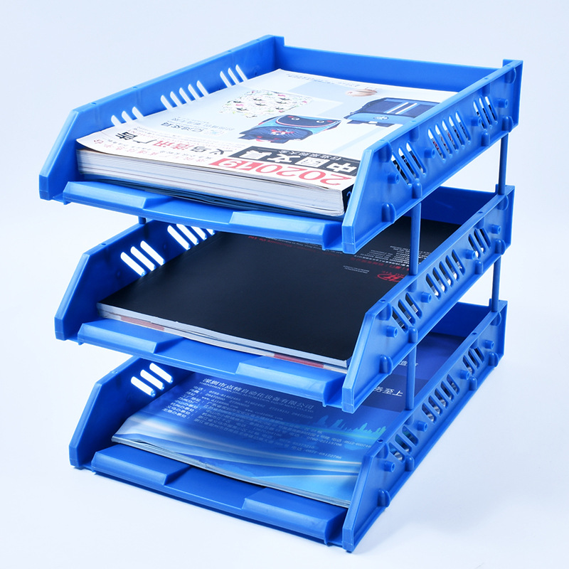 Three Layer File Tray Plastic Column Thickened Three-Layer Document Rack File Tray Blue Black