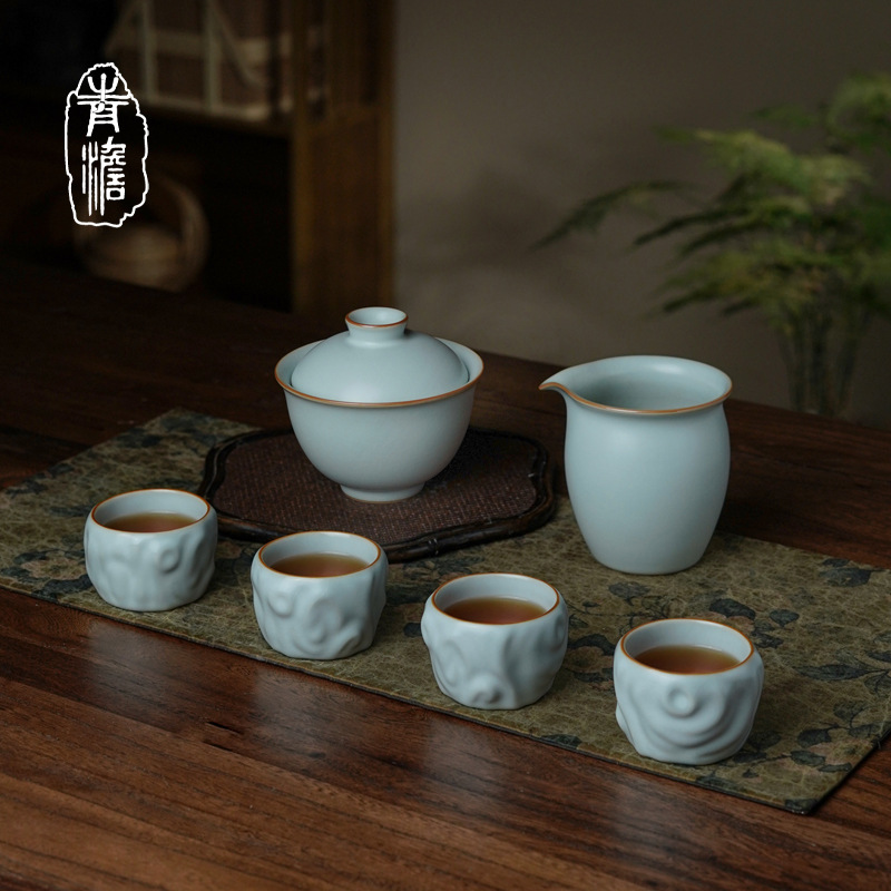 汝窑三才盖碗茶杯套装景德镇陶瓷功夫茶具复古青瓷礼盒装无相布施