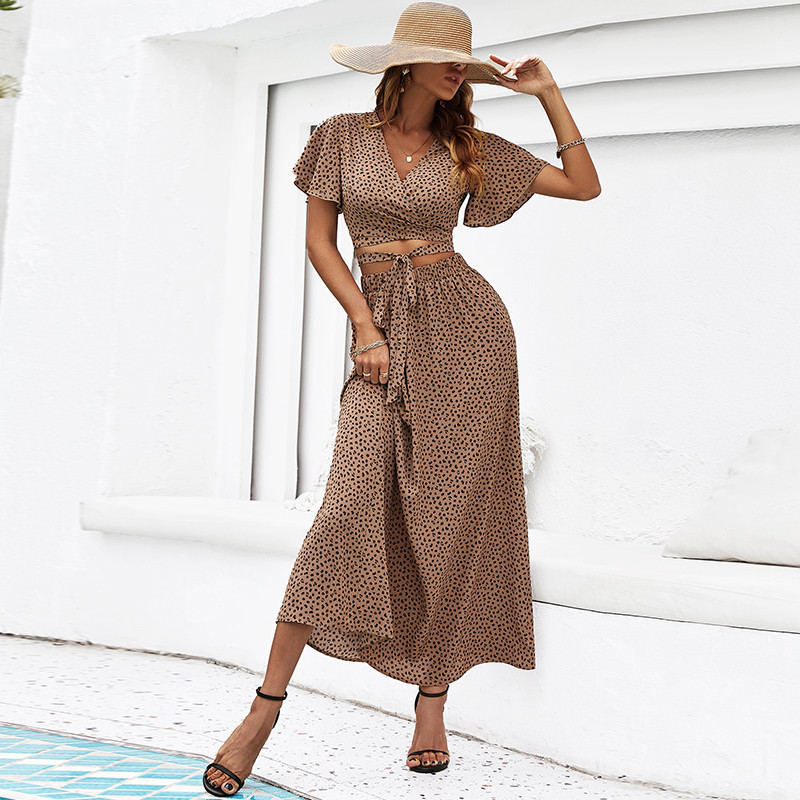 Skirt Foreign Trade Cross-Border European and American Amazon Summer New Leopard Print V-neck Tied High Waist A- line Skirt Two-Piece Suit
