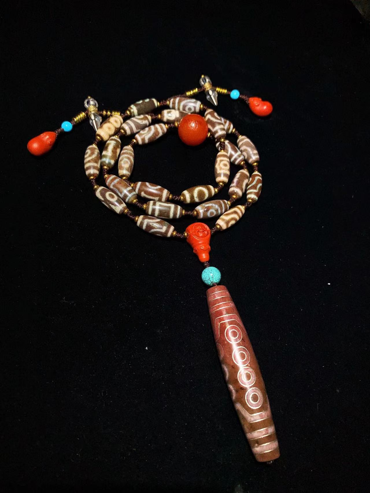 天然朱砂十四眼老天珠吊坠千年包浆藏区回流天珠玛瑙吊坠能量古珠