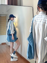 长袖衬衫女新款设计感小众蓝色条纹法式上衣夏季防晒衬衣外套