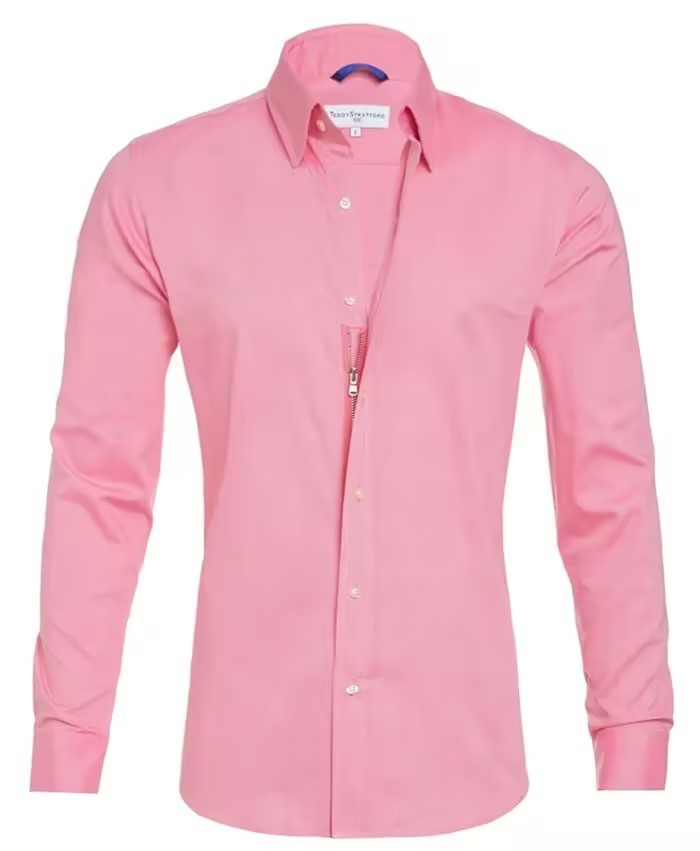 Amazon Cross-Border Hot Men's Zipper Shirt Hidden Zipper Fake Button Oxford Stretch Cotton Zipper Lining