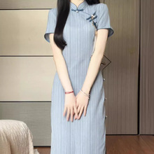 蓝色旗袍2024新款夏季年轻款少女改良日常气质长款复古连衣裙