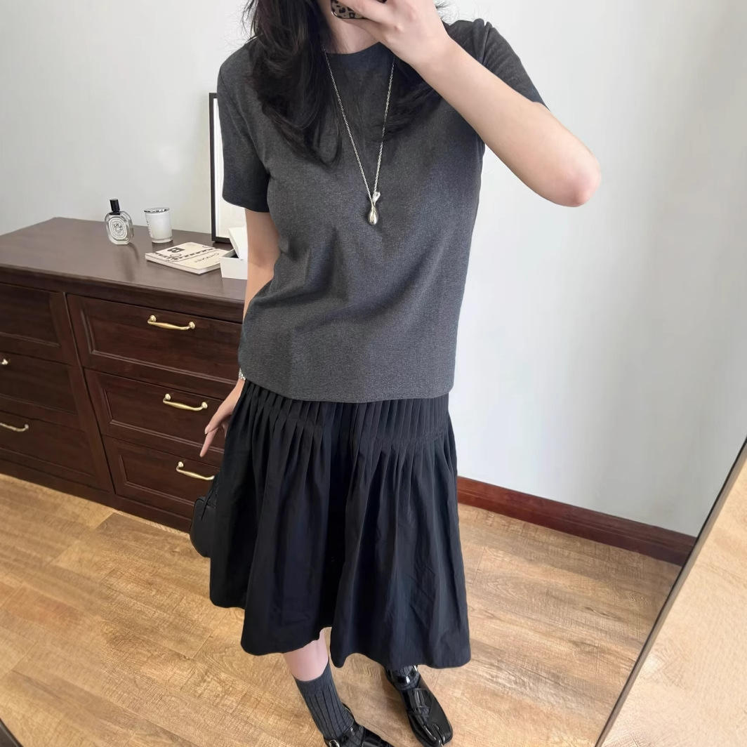 kngs 秋季复古简约百搭松紧腰开叉中长款针织裙a字裙半身裙子女