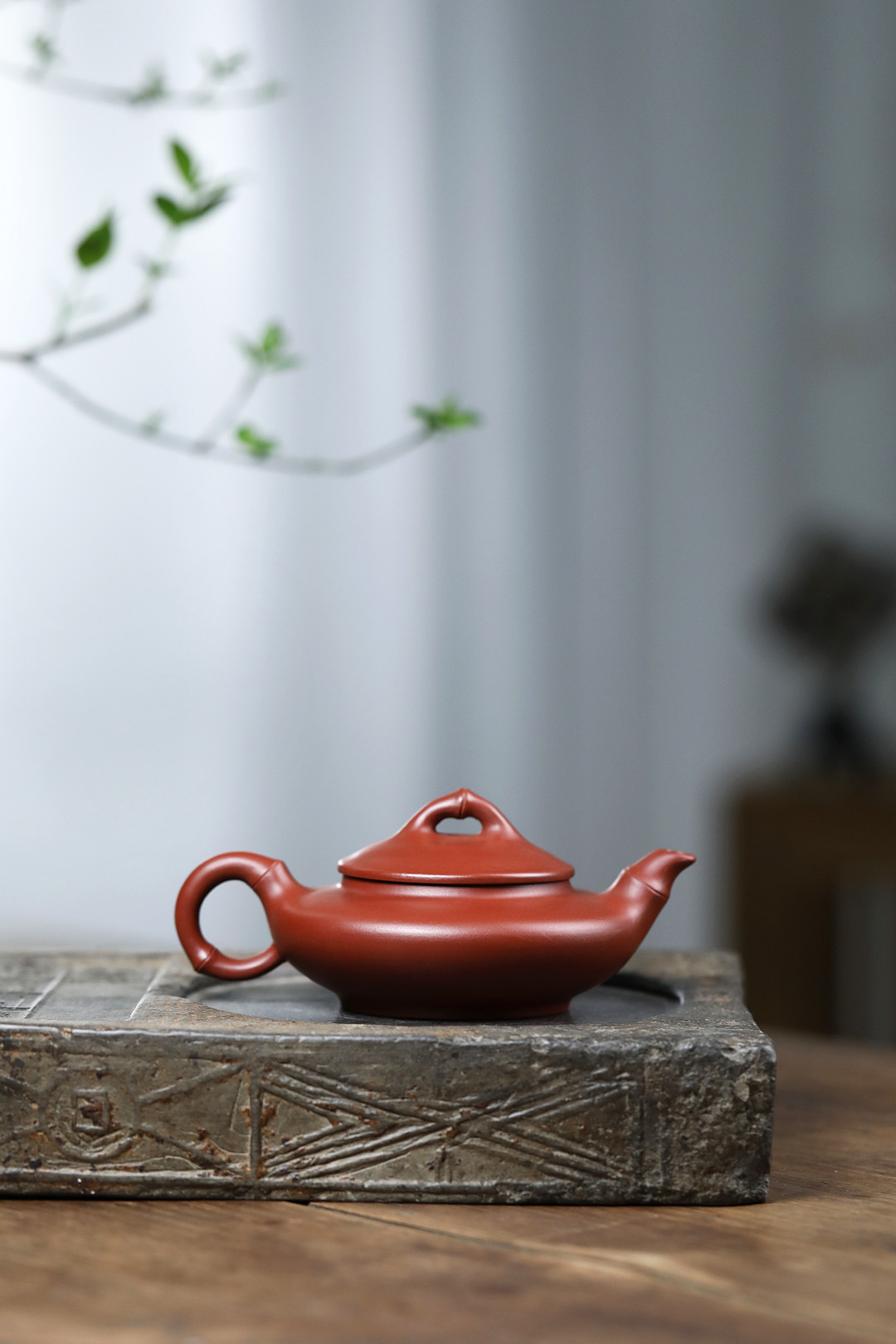 宜兴紫砂壶 原矿大红袍竹节水扁壶批发定制礼品茶壶茶具一件代发