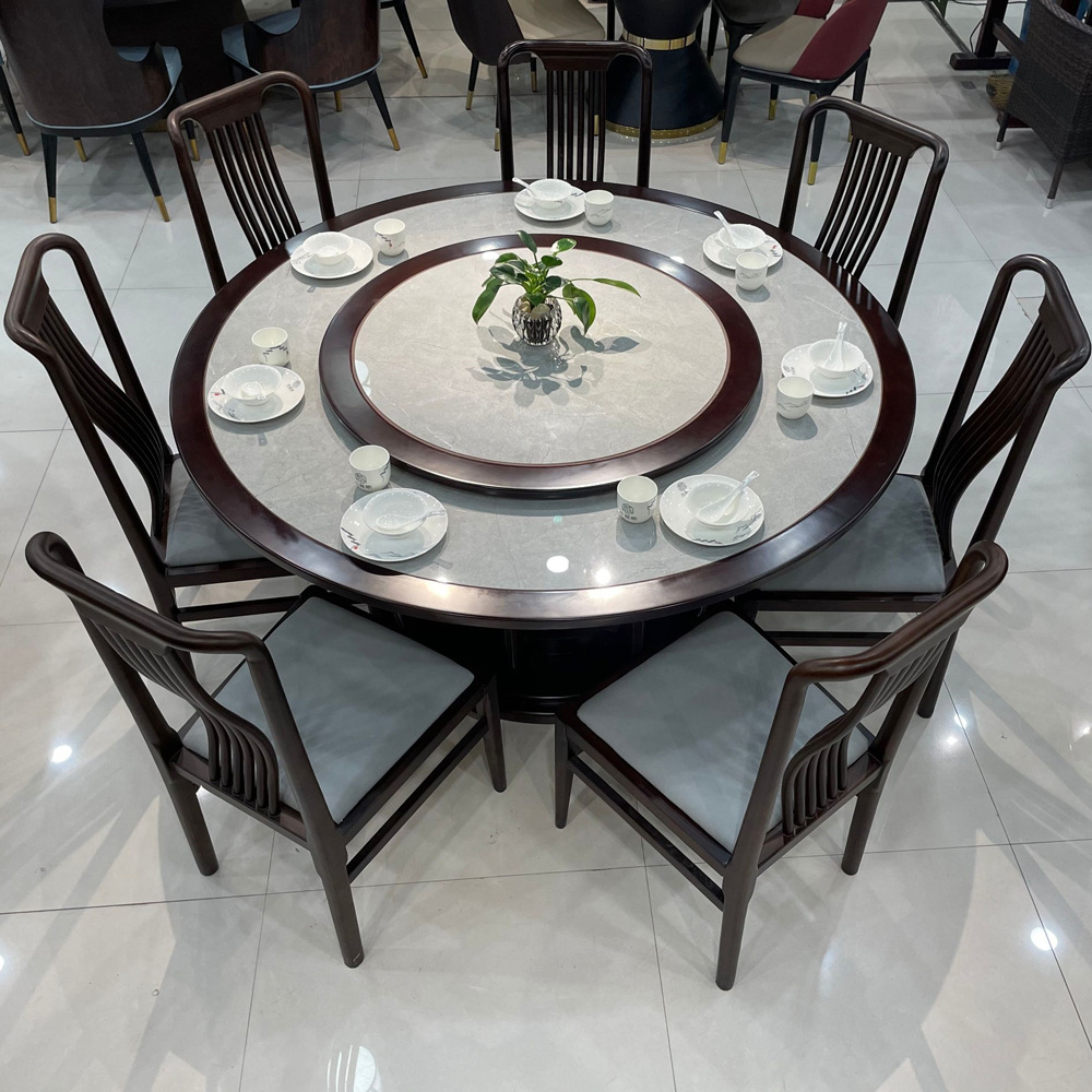 酒店橡木岩板大圆桌新中式实木岩板旋转餐桌椅餐厅1.8米圆桌家用