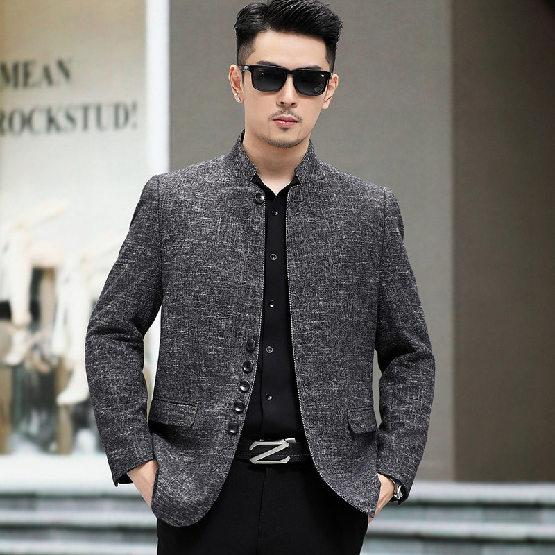 2023春季新款中山装西服中年男立领外套小西装韩版修身商务上衣sm