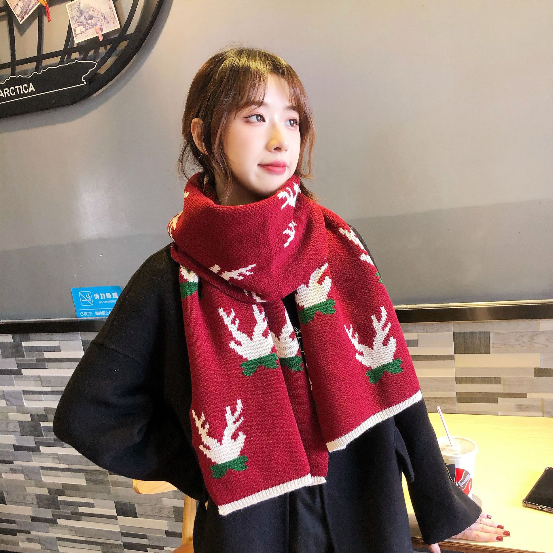 21新款圣诞小鹿围巾女冬季韩版好搭软妹可爱针织麋鹿红色毛线围巾