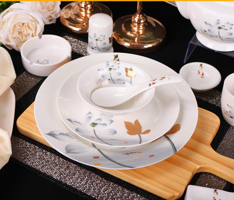 厂家批发新中式酒店摆台餐具陶瓷苏菲盘中国风水墨画荷花鱼碗碟盘