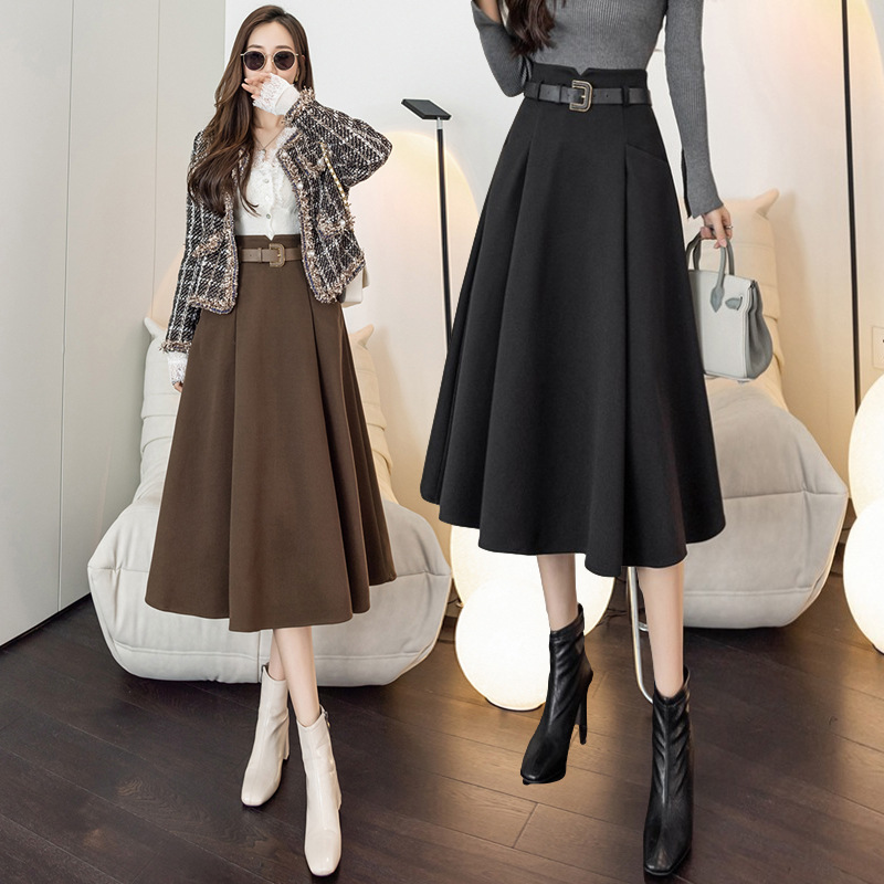 毛呢工装裙女秋冬季中长款垂感a字半身裙韩版高腰气质显瘦大摆裙