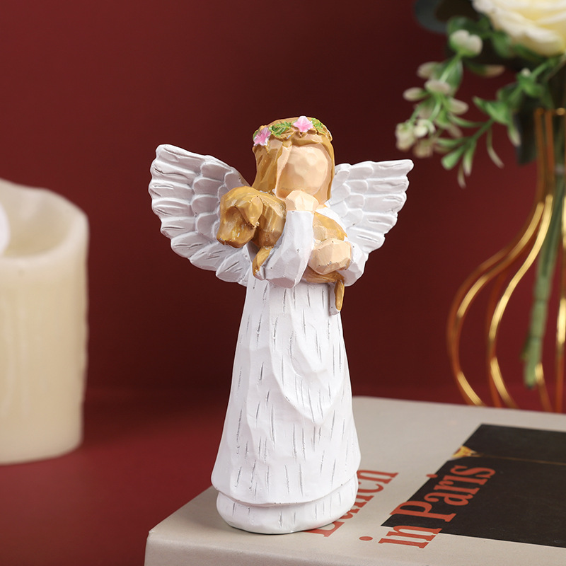 天使纪念品亚马逊跨境新款 和平抱狗白翼天使树脂工艺品 欧式雕塑
