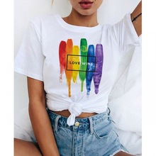 夏季女式欧美彩虹爱心图案一件代发卡通时尚可爱打底衫短袖女t恤