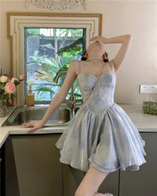 仙女吊带连衣裙夏季蓝色扎染公主蓬蓬短裙收腰芭蕾风超仙森系裙子