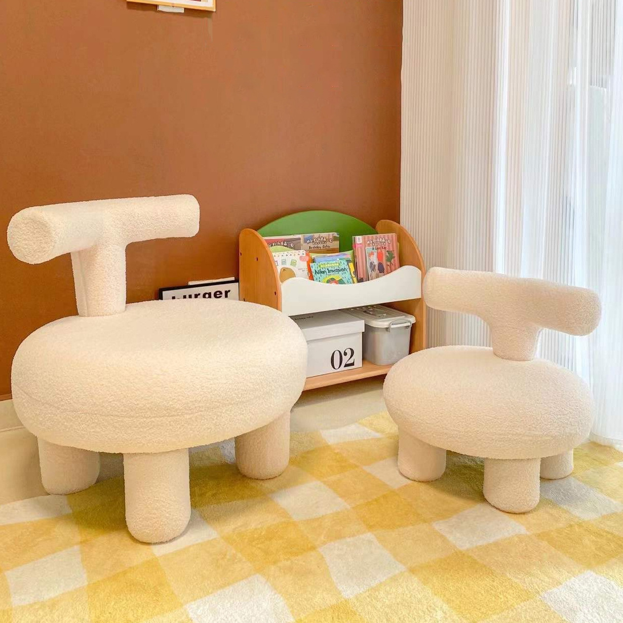 北欧羊羔绒懒人沙发椅子儿童实木凳子靠背单人沙发家用简约休闲椅