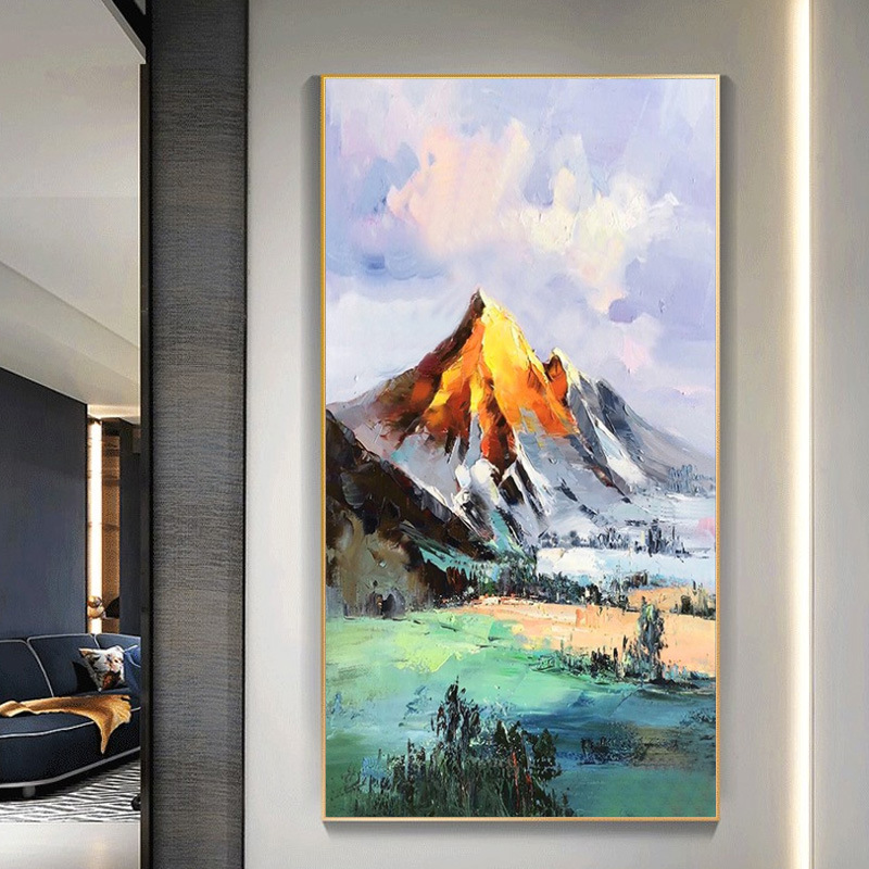 纯手绘竖版靠山油画入户玄关走廊尽头背景墙壁画金色高山风景挂画