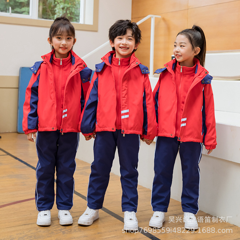 工厂批发幼儿园园服秋冬季加厚冲锋衣三件套小学生校服班服红色