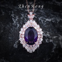 欧美直播气质时尚夸张蛋形主石吊坠璀璨紫钻水晶锆石彩宝项链挂件