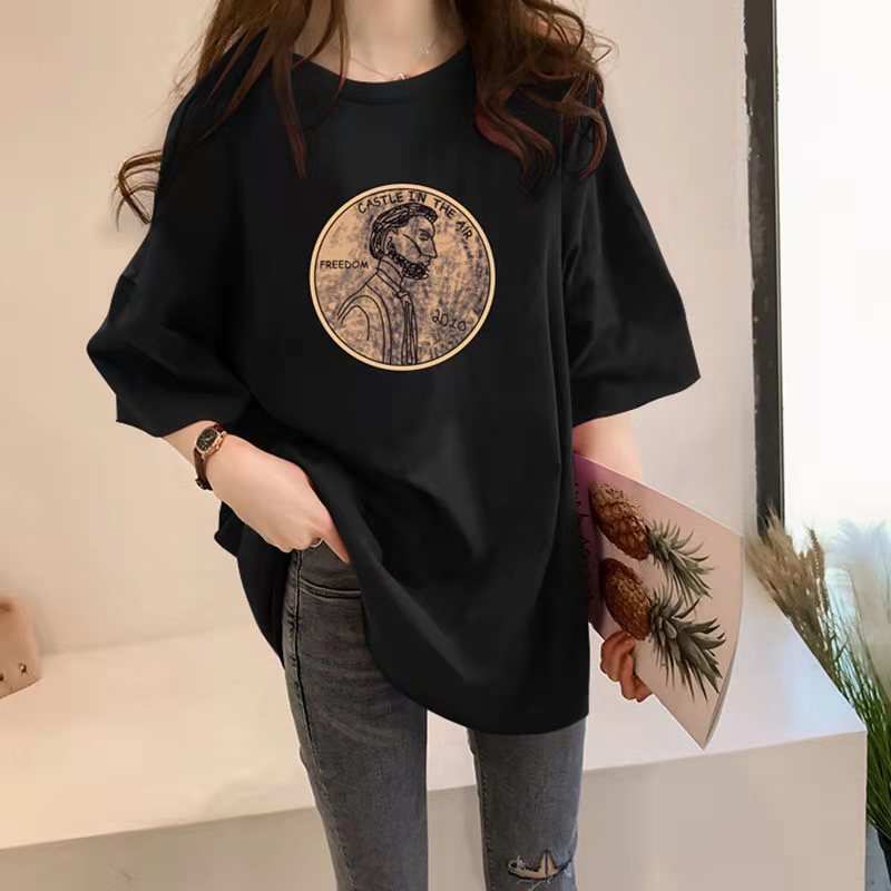 Cartoon Men's round Neck Short Sleeve Women's T-shirt Summer Solid Color Loose-Fitting Large Size Cotton T-shirt Black and White Sweat-Absorbent Breathable Wholesale Fashion