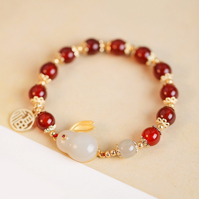 Natural Red Agate Jade Hare Hetian Jade Bracelet Female Ins Niche Design Jade Bracelet Mild Luxury Retro Simple