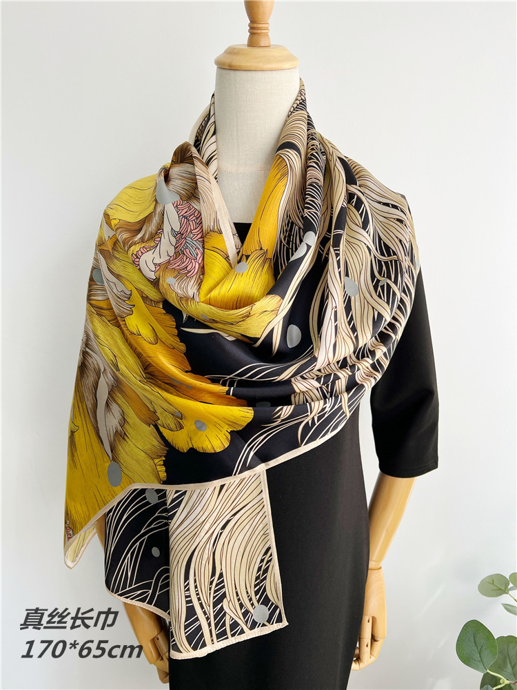 杭州丝绸锦鲤牡丹花春夏季真丝桑蚕丝素绉缎长丝巾时尚女士围巾