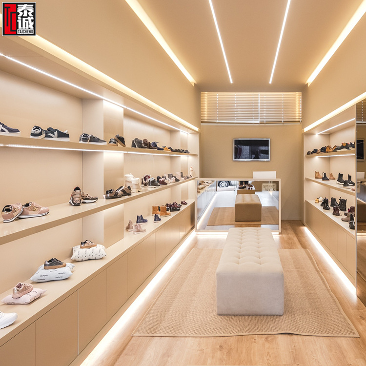 鞋店设计靠墙鞋子展示柜店面里陈列鞋子展示架摆台发光皮鞋中岛架