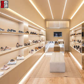 鞋店设计靠墙鞋子展示柜店面里陈列鞋子展示架摆台发光皮鞋中岛架