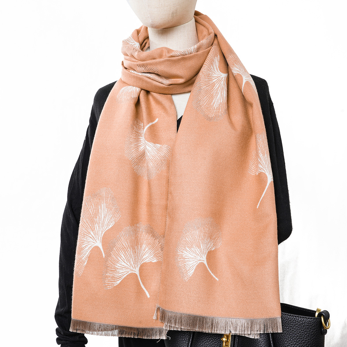 European and American Winter Cashmere-like Ginkgo Leaf Women's Scarf High-End and Fashionable Thickened Cold Protection Outdoor Shawl Factory Direct Sales