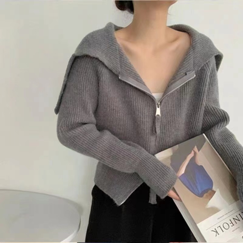 双拉链条纹针织开衫女秋季2022设计感韩版粗棒针小众短款毛衣外套